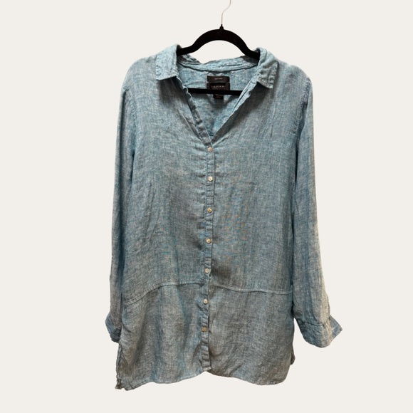 Blue 100% Linen Tahari Long Button Up Shirt - Picture 1 of 6